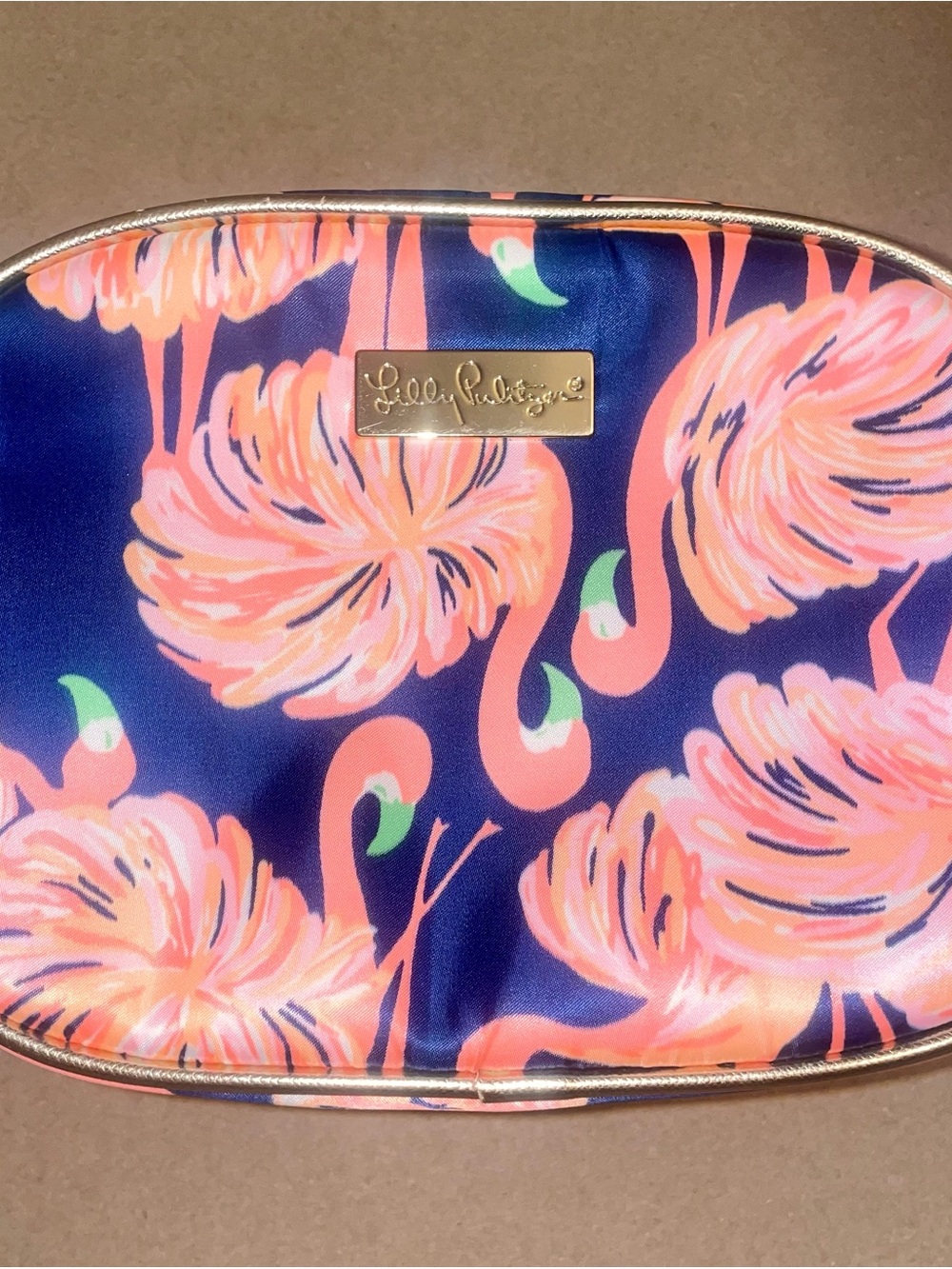Lilly Pulitzer Navy Cosmetic Pouch with Pink Flamingo Print